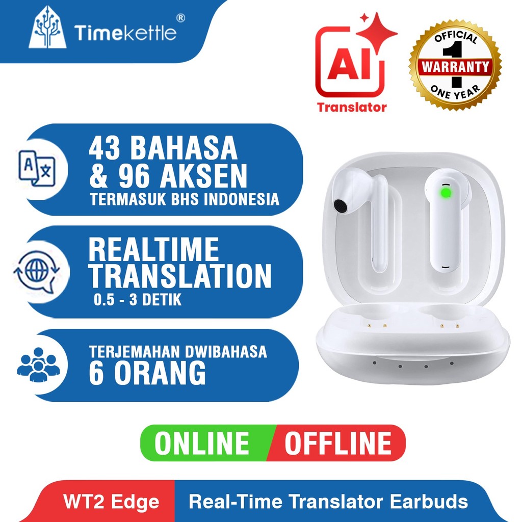 Timekettle WT2 Edge ONLINE&OFFLINE Earbuds AI Translator | Penerjemah Real-Time | Alat Komunikasi Du