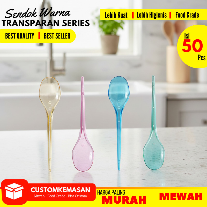 Sendok plastik warna/sendok warna warni/sendok makan transparan/sendok plastik/sendok isi 50pcs