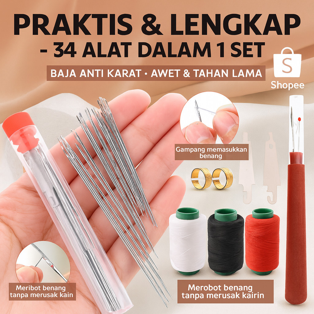 [ COD/Kirim Dalam 24 Jam ] Jarum Baja Anti Karat Mata Besar Set Alat Jahit 34 Buah / Jarum Besar + B