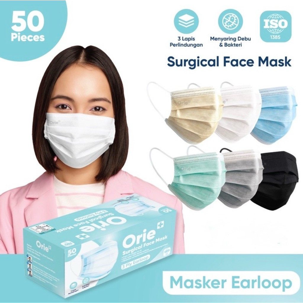 Masker Orie+ Earloop Surgical Masker Cantol Medis 3ply isi 50pcs