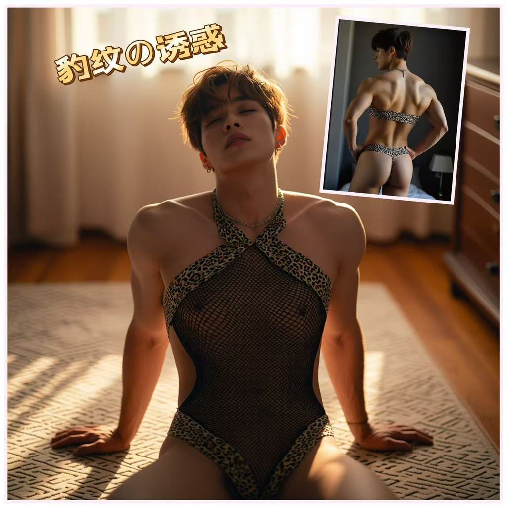 Men's Leopard Print Lace Bodysuit Lingerie Couple Role-Play Underwear Set