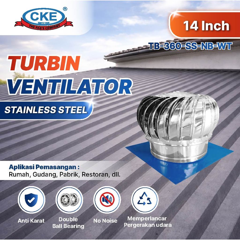 CKE Turbin Ventilator 14 Inch Ventilator Atap Gudang Pabrik Roof Ventilator Stainless Steel Anti Kar