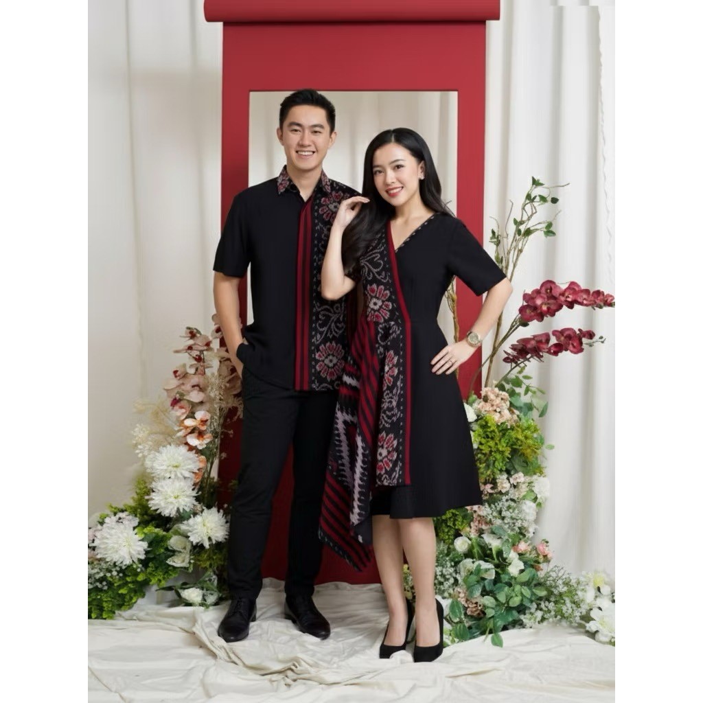 Baju Tenun Couple Pasanggan Dres Midi Wanita Kekinian Dres Natal Elegan