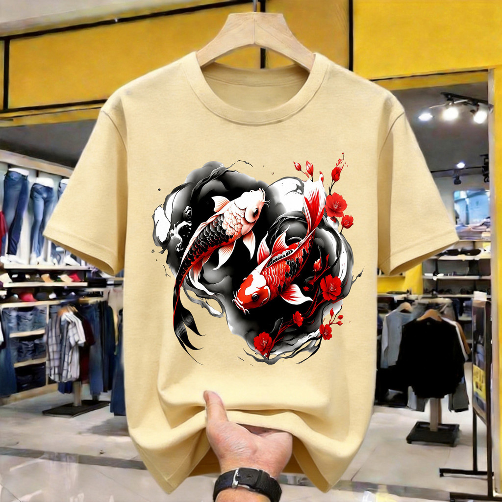 Red Black Koi Fish Print Kaos Polos Katun Premium Tebal 210GSM Original Indonesia Size Lengkap Loose
