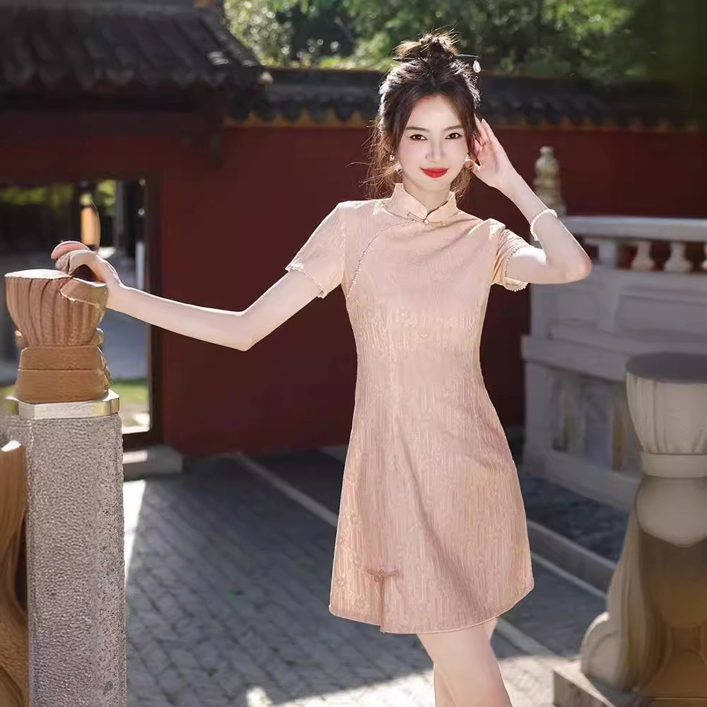 Cheongsam Pink Gaya Cina Baru untuk Wanita, Gaya Remaja yang Ditingkatkan, Gaun Baru