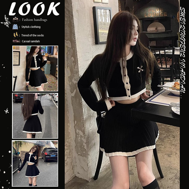 [Saror]Setelan Rajut Atasan Wanita Rok Lipit Rok Pendek Set Dua Potong