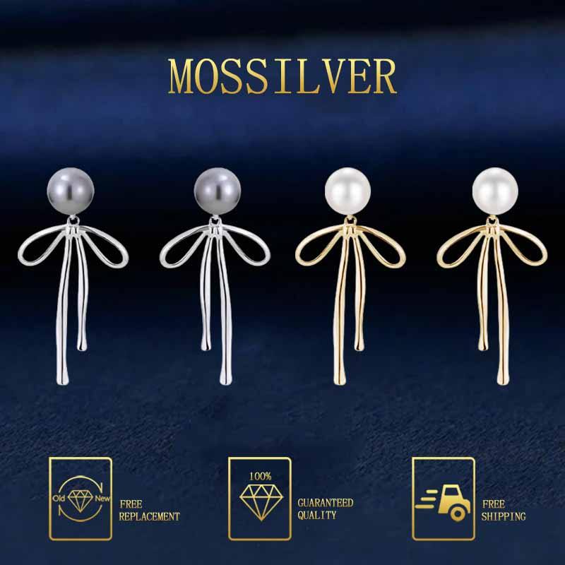 MOSSILVER Anting Mutiara Pita Panjang Gaya Keren Mewah