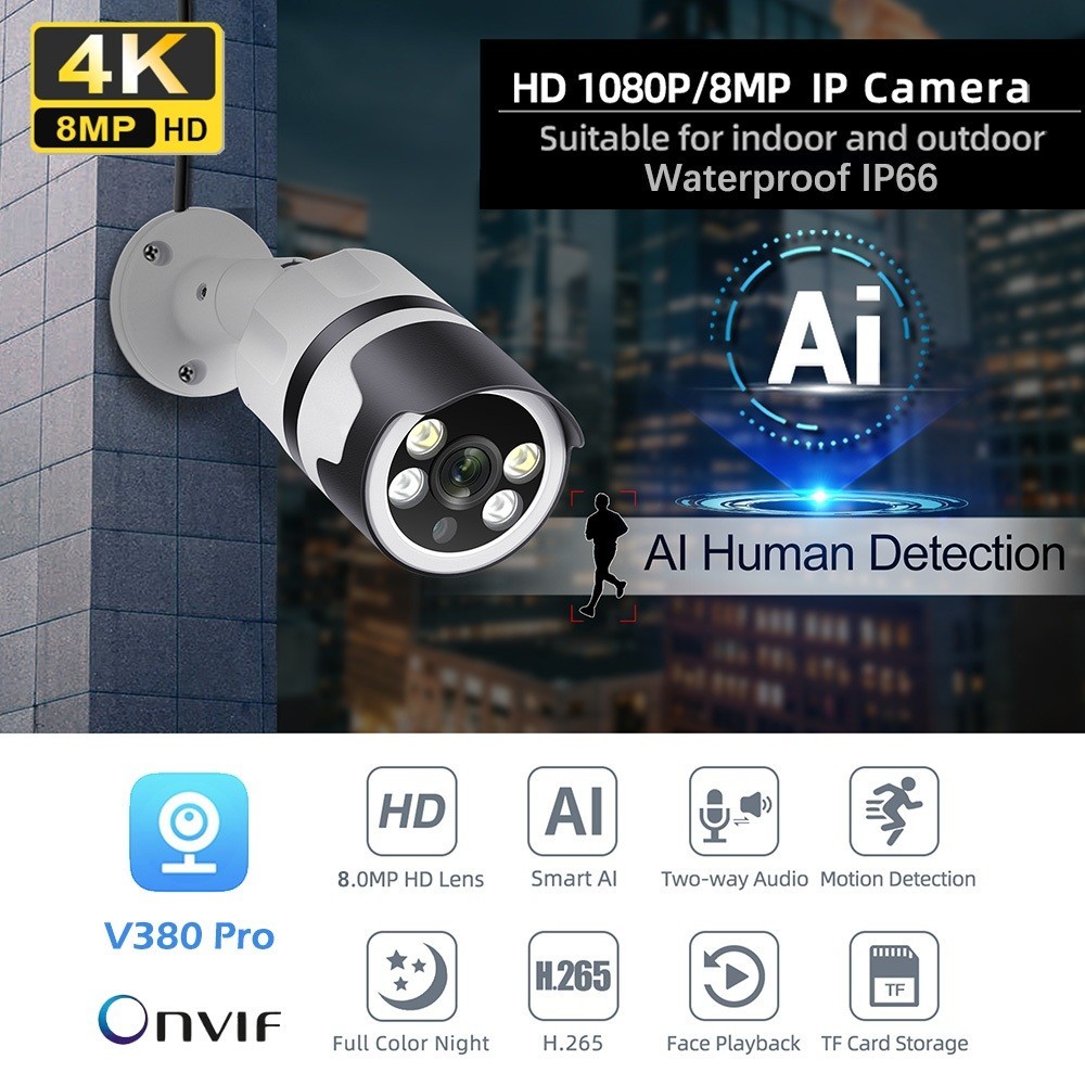 IP Camera CCTV outdoor Waterproof Kamera WiFi support ONVIF HD 8MP Infrared light Aplikasi V380 pro