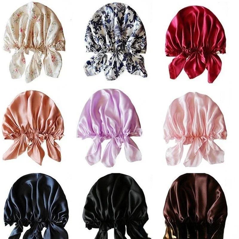 Satin Bonnet Silk Satin Night Sleep Cap Turban 9Color Polyester Elastic Night Sleeping Shower Cap Ha