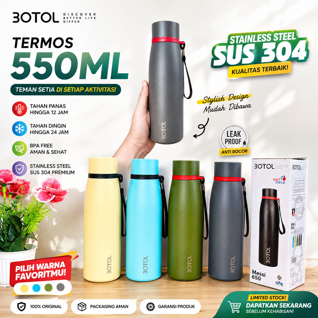 Tumbler Termos Tahan Air Panas Dingin Es Batu Thermos Botol Minum Stainless SUS304 3OTOL Messi 650ML