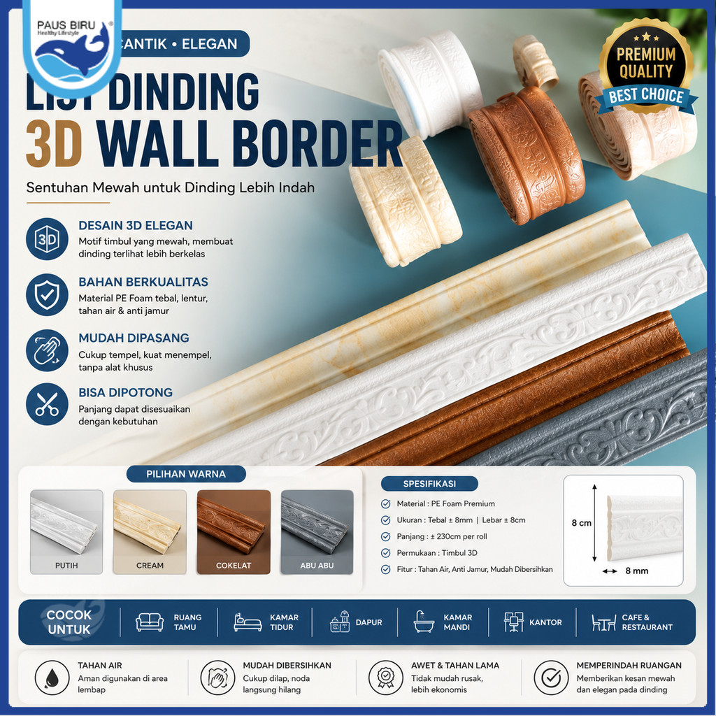 Paus Biru - List dinding 3D Wall Border List 2.3 /2.1Meter / Wallborder Foam 3D