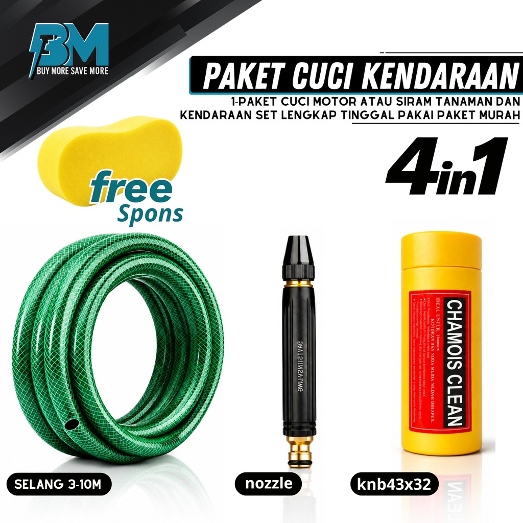 FREE SPONS Paket Selang 1/2 Set Alat Cuci Motor Selang Air Serat Benang Hijau Semprotan Air Kuningan
