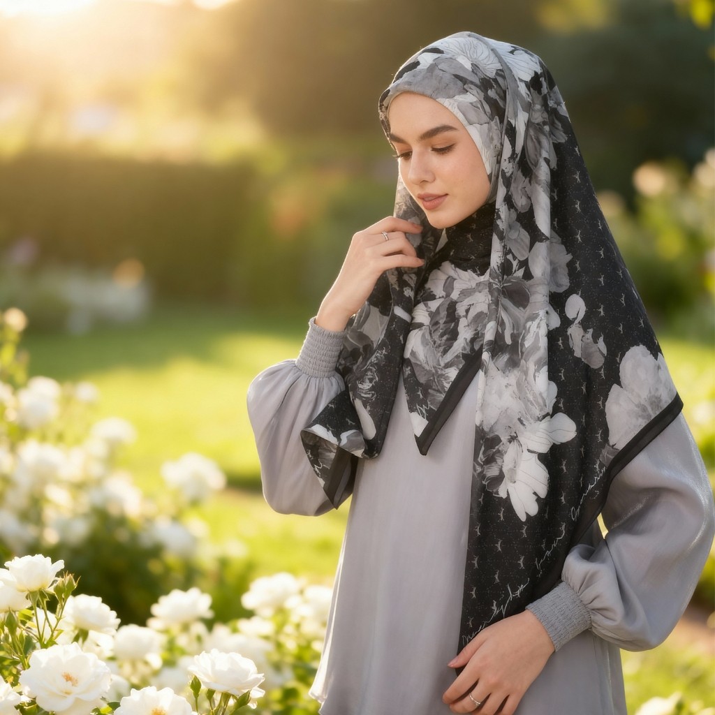 MANDJHA Hijab Voal Premium Floraline Black By IVAN GUNAWAN - Hijab Segi Empat Motif Bunga Besar