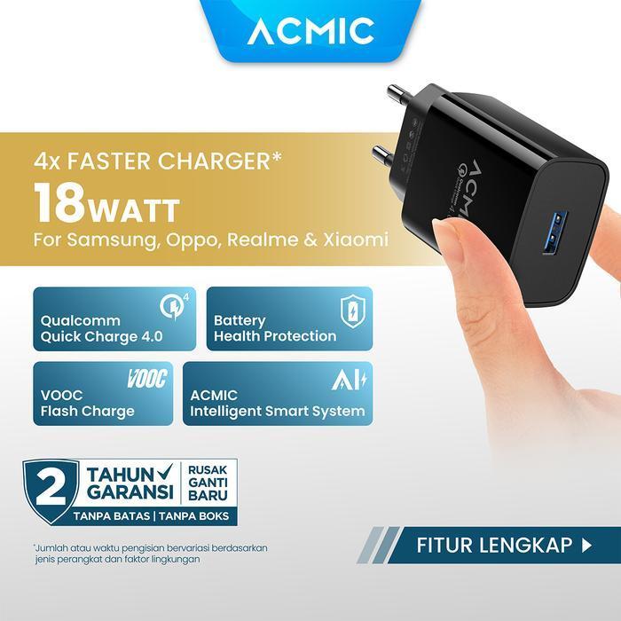 ACMIC CQC01 USB 18W Kepala Charger Fast Charging Adaptor - Black, CQC01 Only