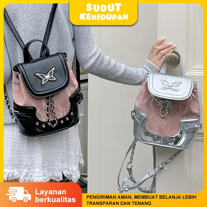 Backpack Y2K Tas Bahu Rntai Tas Wanita Perak Lucu Perguruan Tingg Lucu Import Korea