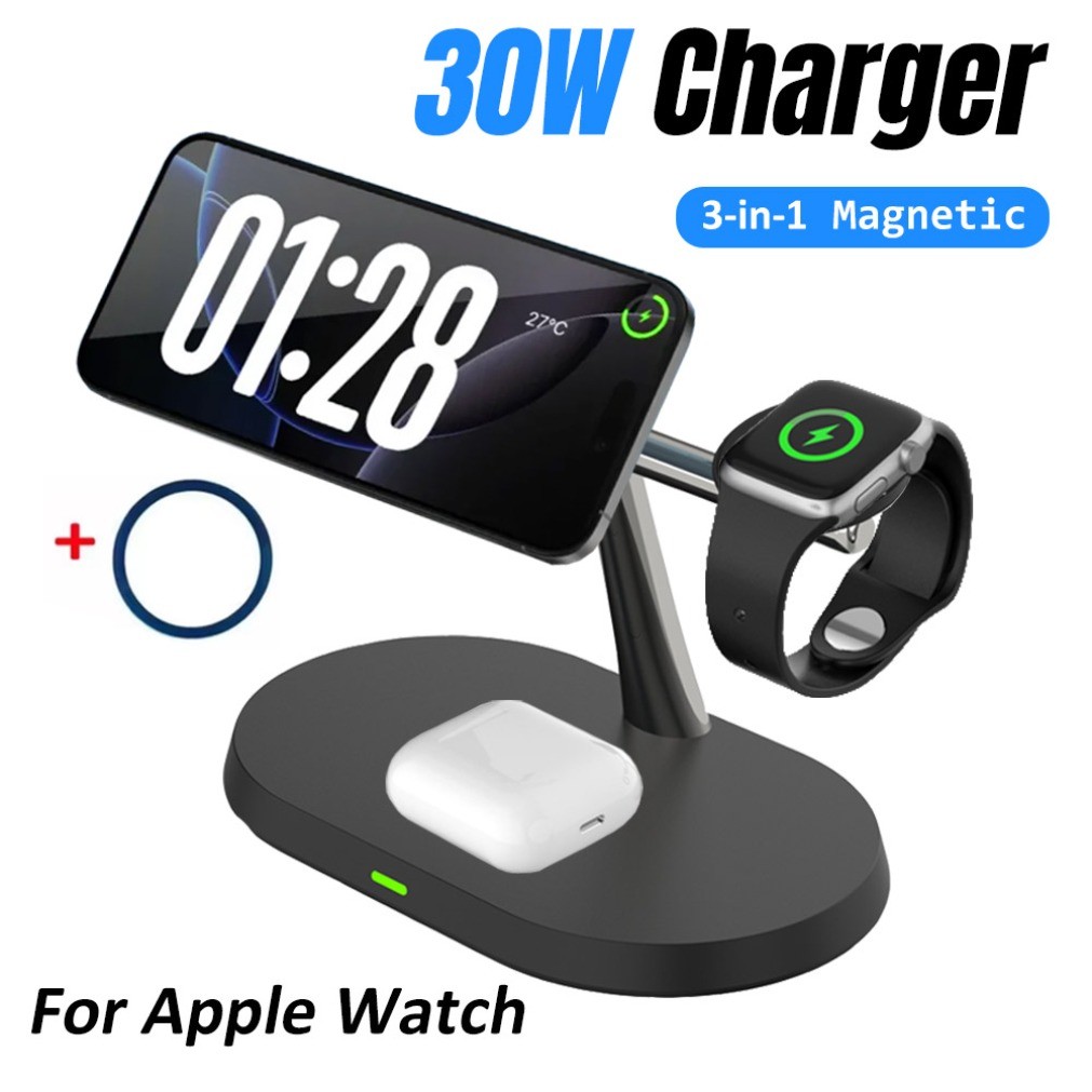 30W Wireless Charger Desktop Phone Stand For Mag-safe iPhone 16 15 14 13 12 Apple Watch 10 9 8 7 6 A