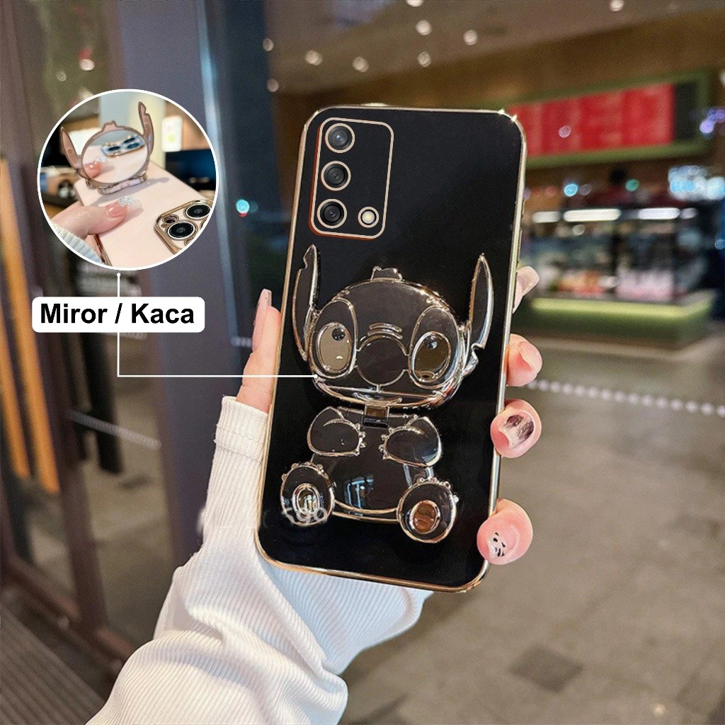 Soft Case Oppo A54 A74 A95 4G Silicon Dudukan Miror Cute Stich Plating Casing Handphone