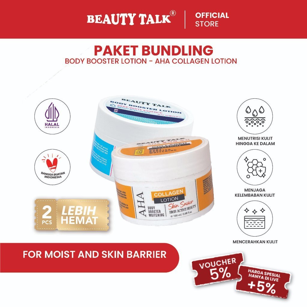 BEAUTY TALK [Bundling hemat - 2 Pcs] AHA Collagen Lotion 100ML + Body Booster Lotion Niacinamide 10% Tranexamic Acid 2% - 100ML Perawatan Kulit Tubuh Kusam dan Kering | Membantu Mencerahkan, Melembapkan serta Merawat Tangan, badan dan Kaki