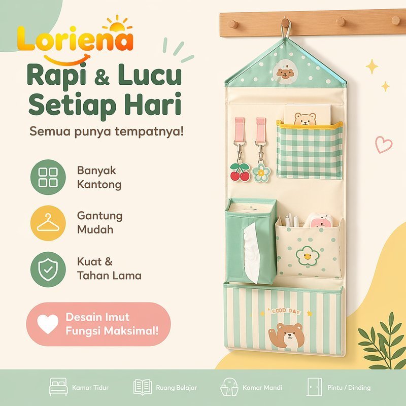tas gantung penyimpanan organizer kain oxford multifungsi sekat lucu asrama kamar tidur dinding