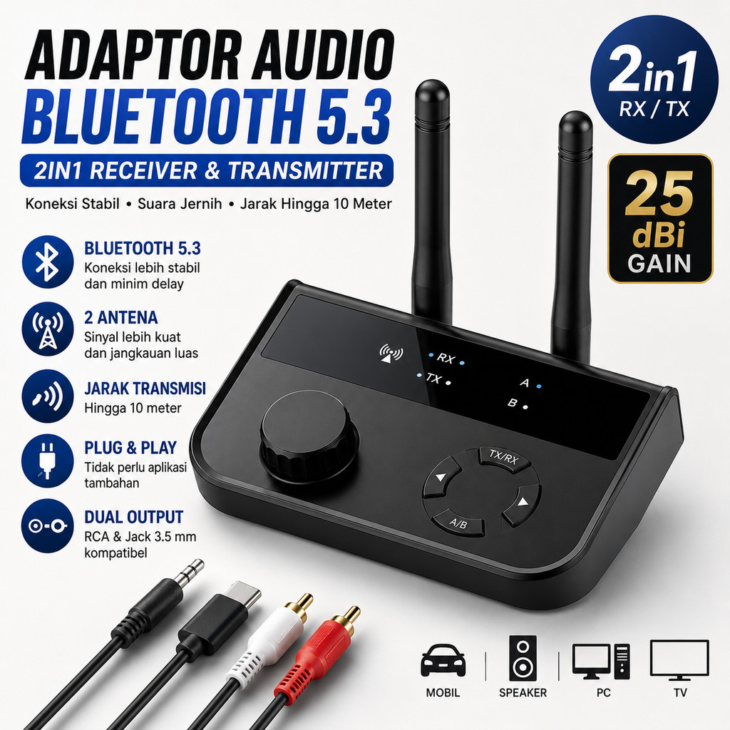 Bluetooth Audio Transmitter Receiver Adaptor Dongle 2in1 Wireless 53 Antena Sinyal Stabil Mode Rx Tx