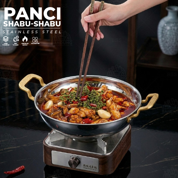 Panci Shabu-Shabu Stainless Steel 28cm 30cm 32cm | Hotpot Korea Gagang Emas Tebal Anti Karat untuk S