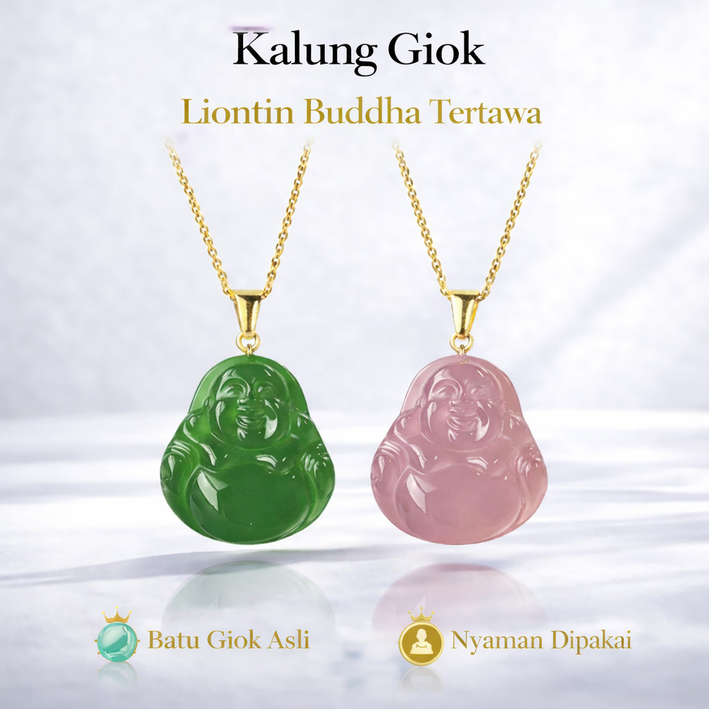 Kalung Giok Asli | Liontin Buddha Tertawa | Giok Hijau & Pink | Kalung Giok Pria Wanita unik