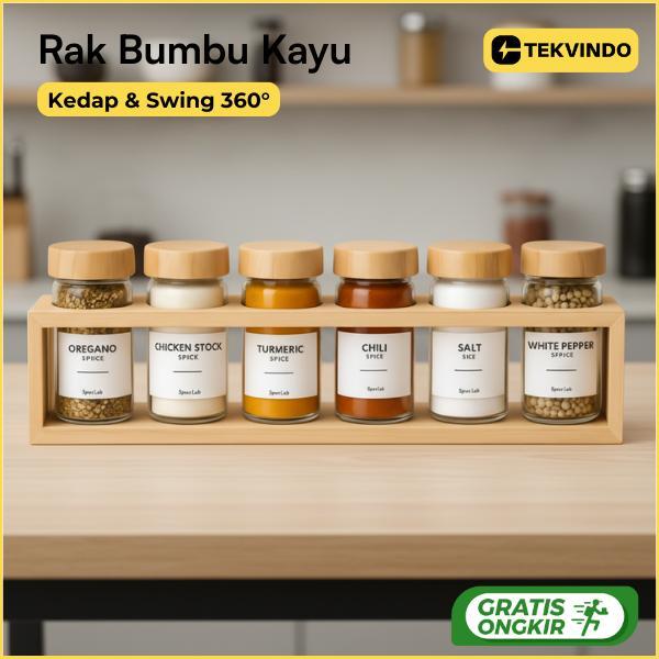 Rak Bumbu Dapur Estetik 6 Botol Kaca Spice Jar Rak Bumbu Kayu Storage Tempat Bumbu Dapur