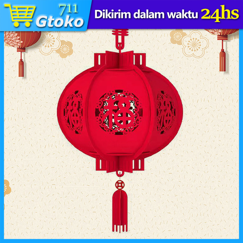 20cm Lampion Imlek Merah Kain Sutra Motif Fu Lampion Polos Dekorasi Imlek Tahun Baru China