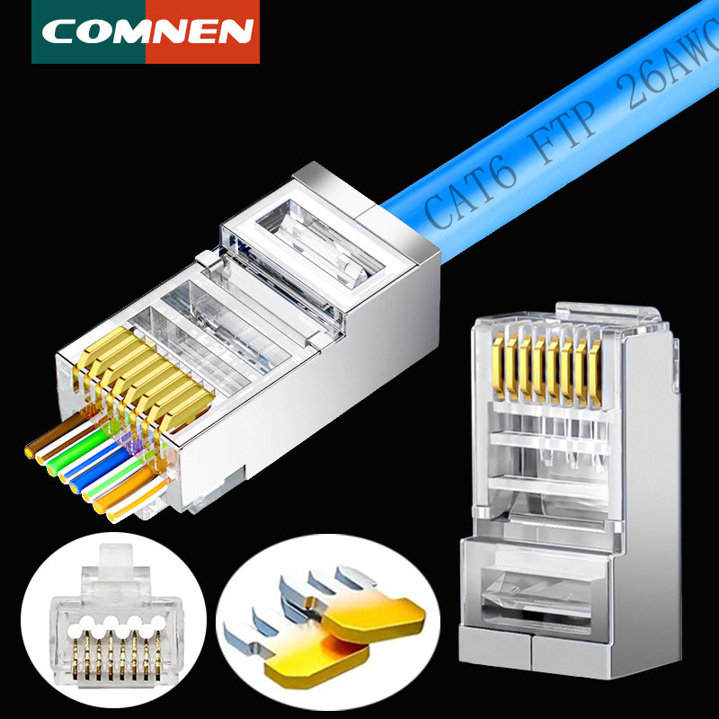 COMNEN  RJ45 Cat5/6/6A Pass Through Connectors Modular Plug , EZ to Crimp Modular Plug for Solid Or 