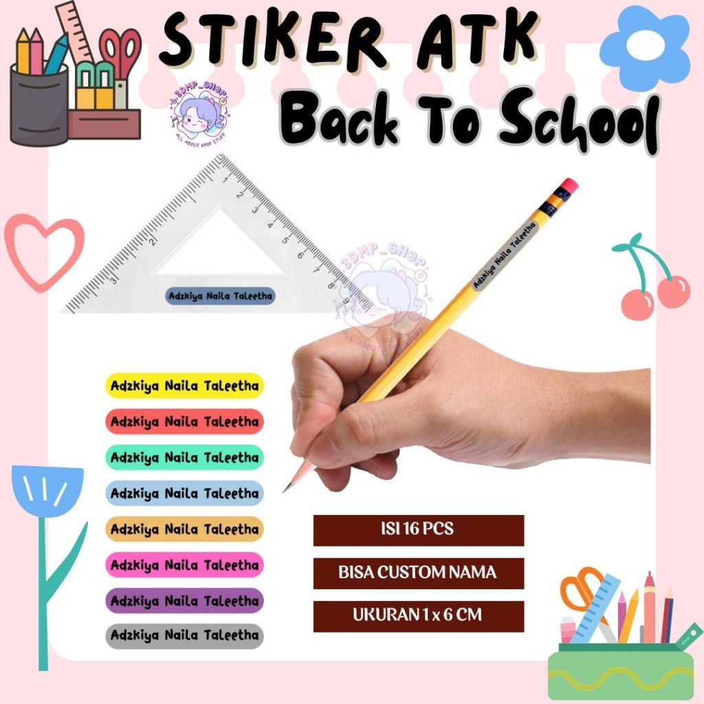 Stiker label nama custom request buku botol cutting anak sd laki laki perempuan muslim alat tulis AT