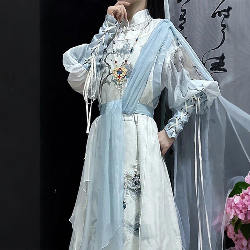 Baju Hanfu Fengjiu berganti dengan jubah leher bulat pakaian Xianxia pria dan wanita musim panas