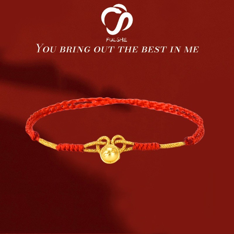 FULSHE Gelang Kaki Wanita Emas Kecil Lonceng Buatan Tangan Dengan Tali Merah