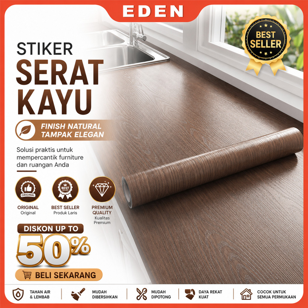 Eden - Wallpaper PVC Sticker Furnitur Kayu Meja Lemari Dapur Anti Noda Premium Motif Serat Kayu Wall