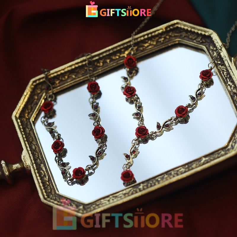 3Set Kalung Cincin Gelang Titanium Anti Karat Bunga Mawar Merah Retro Kalung Wanita Perhiasan Hadiah
