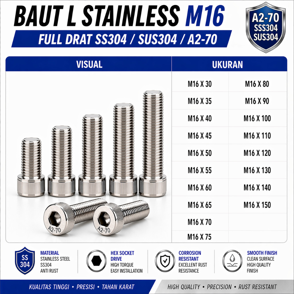 Baut L Stainless M16X130 / 16X130 / M16 X 130 / 16 X 130 Full Drat SS304 / SUS304 / A2-70