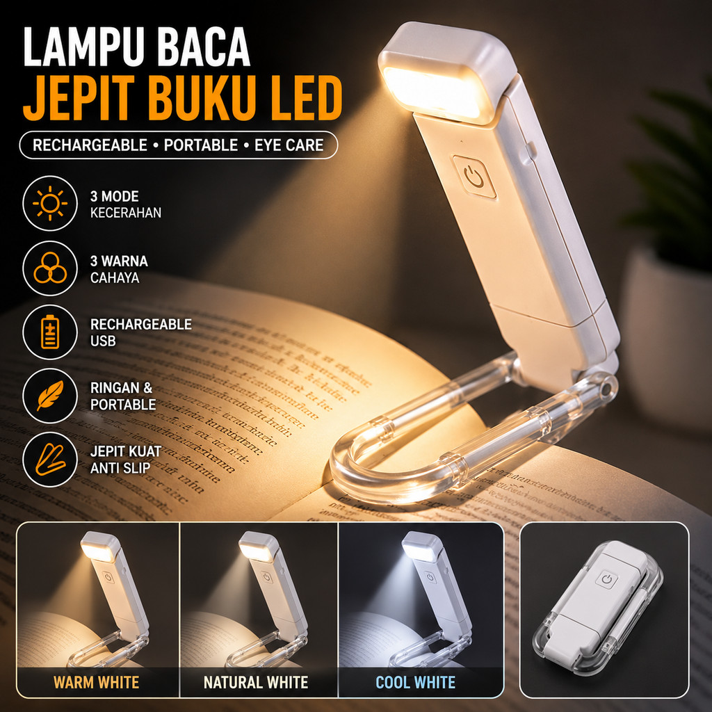 Lampu Baca Jepit Buku LED Rechargeable Clip Reading Light Portable USB Mini Book Lamp 3 Mode Brightn