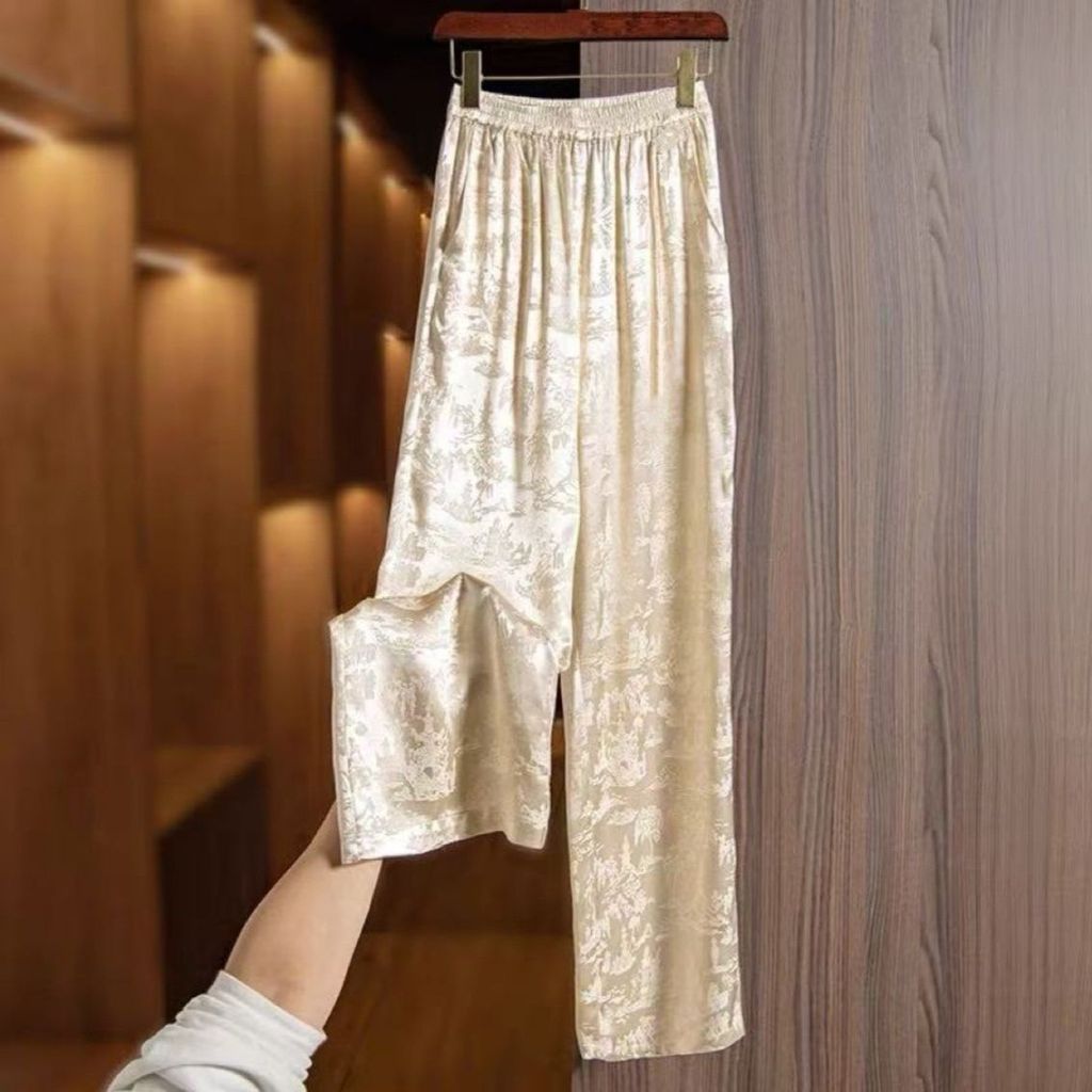 Celana gaya Cina wanita dengan wajah bergaya Cina  lebar gaya gaya gaya Cina, celana jaquard lurus