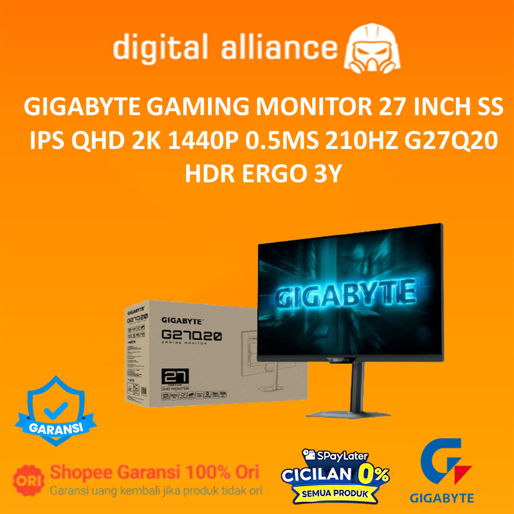 GIGABYTE GAMING MONITOR 27 INCH SS IPS QHD 2K 1440P 0.5MS 210HZ G27Q20 HDR ERGO 3Y