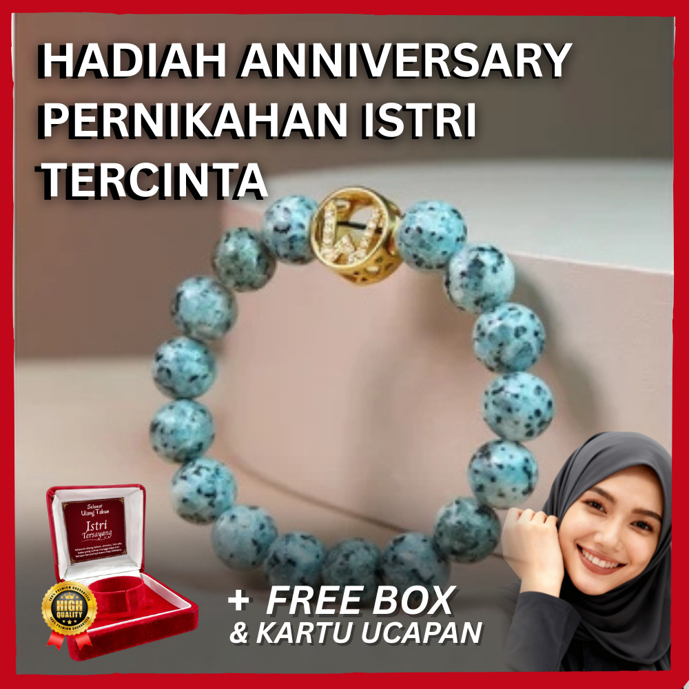 WEARMOURA Gelang Giok Abu - abu Custom Inisial Kado Anniversary Pernikahan Istri dari Suami + Box & 