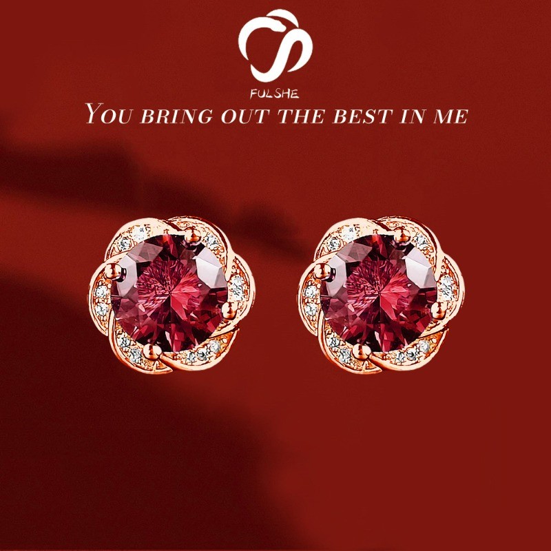 FULSHE Anting Wanita Asli Warna-warni Rose Gold Delima Merah