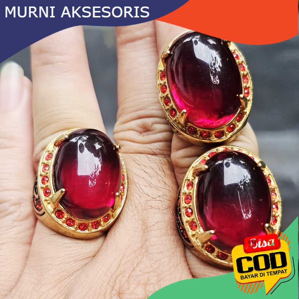 Murni Aksesoris. Cincin Batu Akik Merah Siem Jumbo dengan Permata Ruby Merah / Merah Siam Ring Emas 