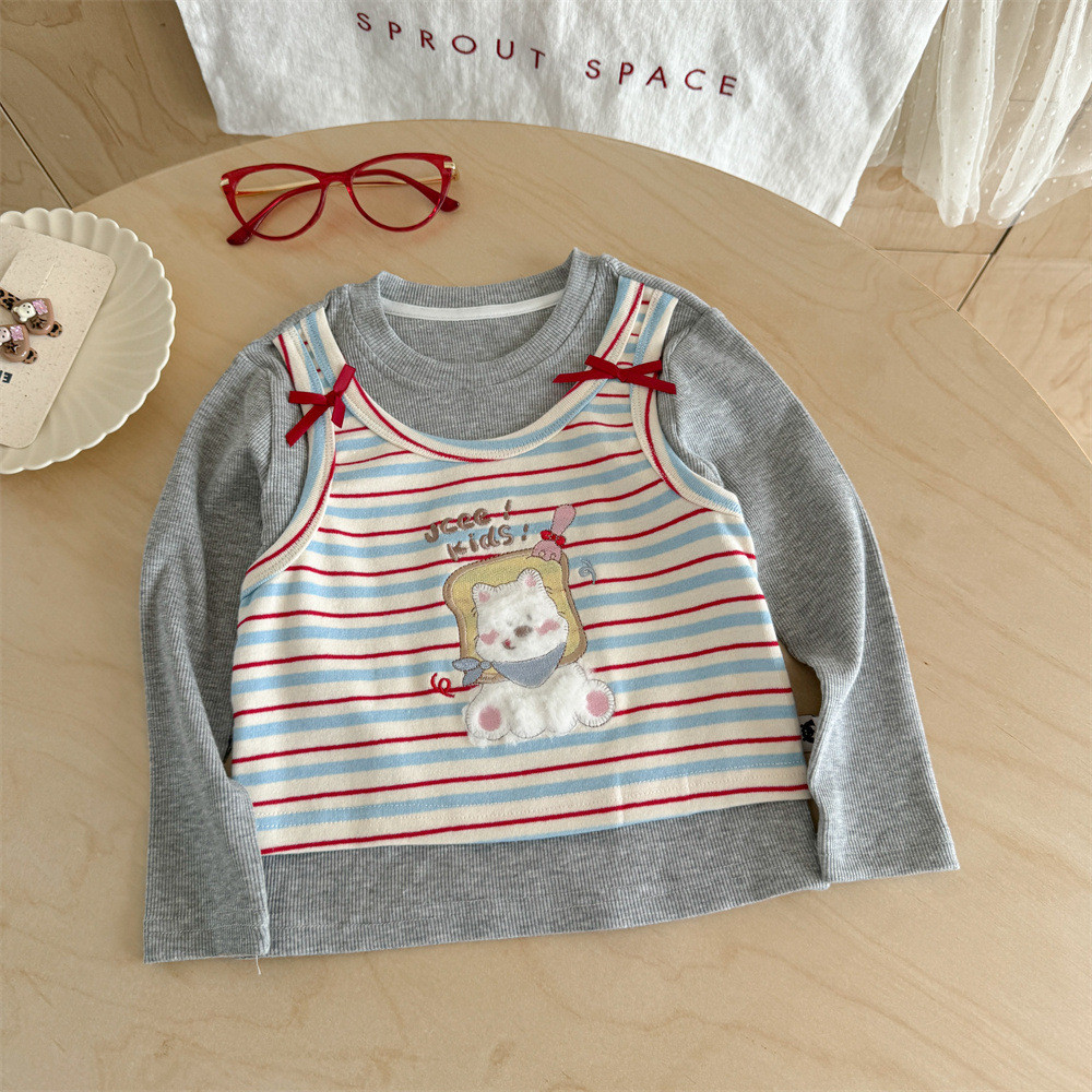 ELF TRIBE Kaos Anak Perempuan Bergaris Musim Gugur Baru Kartun Kucing Lengan Panjang Leher Bulat