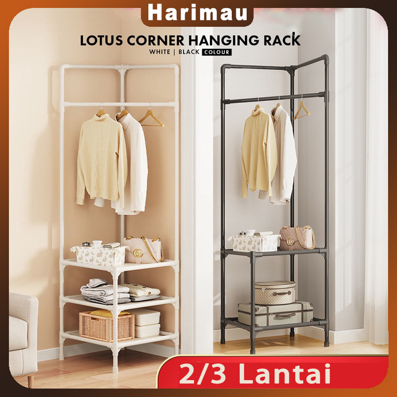 Rak Pakaian Sudut 2/3 Lantai-Drying Rack Wardrobe Laundry Hanger Bedroom Corner Cloth Coat Hanging F