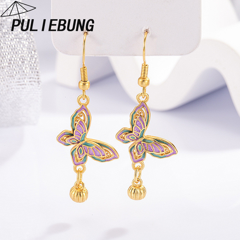 Anting-anting Rumbai Kupu-kupu Filigree Ungu Mewah Ringan Emas 18k
