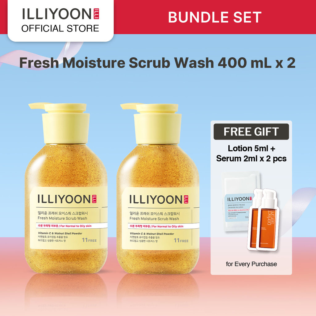 ILLIYOON Fresh Moisture Scrub Wash 400ml Twin Pack - Sabun untuk Eksfoliasi yang Melembutkan dan Men