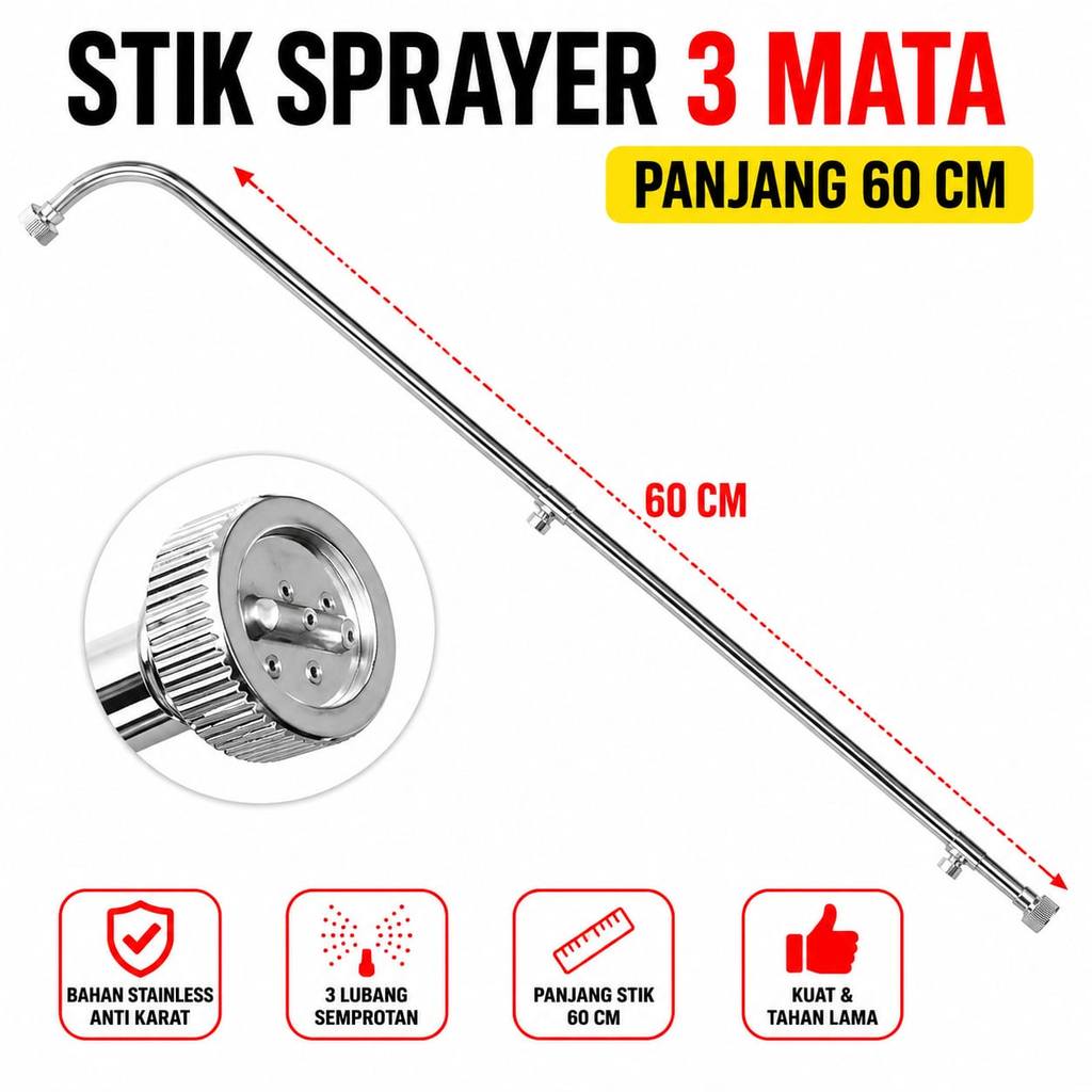 STIK SPRAYER ELEKTRIK 3 MATA STICK SPRAY SPUYER LUBANG 3 SEMPROTAN NOZZLE STAINLESS PANJANG 60 CM