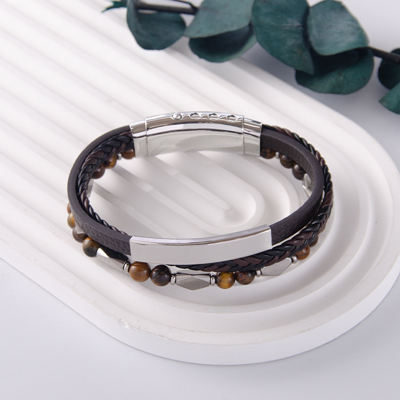 Gelang kulit anyaman tangan multi-lapis, gelang dengan pengait baja tahan karat berlapis elektro vin