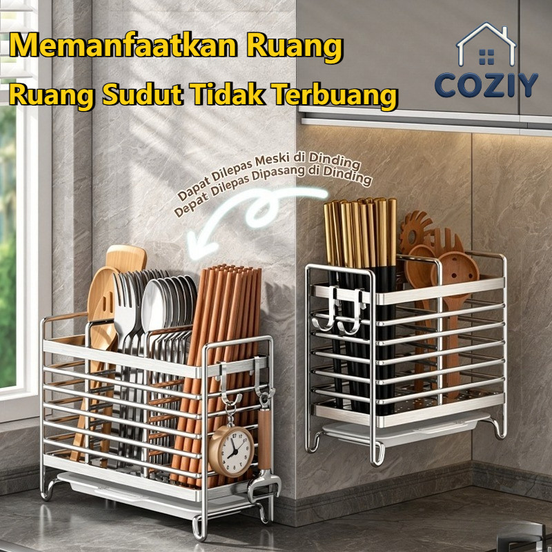 COZIY Rak Dapur Tempat Sendok Garpu Stainless steel fungsi tiris pemasangan tempel tanpa pengeboran
