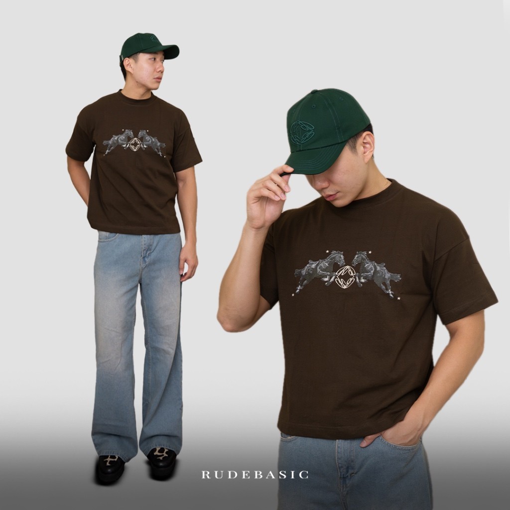 RUDEBASIC - Brown Horse Monogram Tiny Tee - Heavy Weight Cotton | Kaos Boxy | Kaos Coklat Pria T-shi