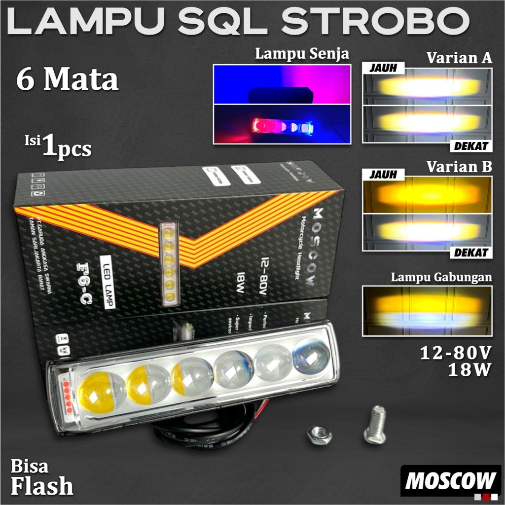 LAMPU SOROT TEMBAK MINI MOTOR MOBIL SQL 6 LED DEVIL SENJA KEDIP DIAM FLASH 12-80 VOLT ARUS DC 18 WAT